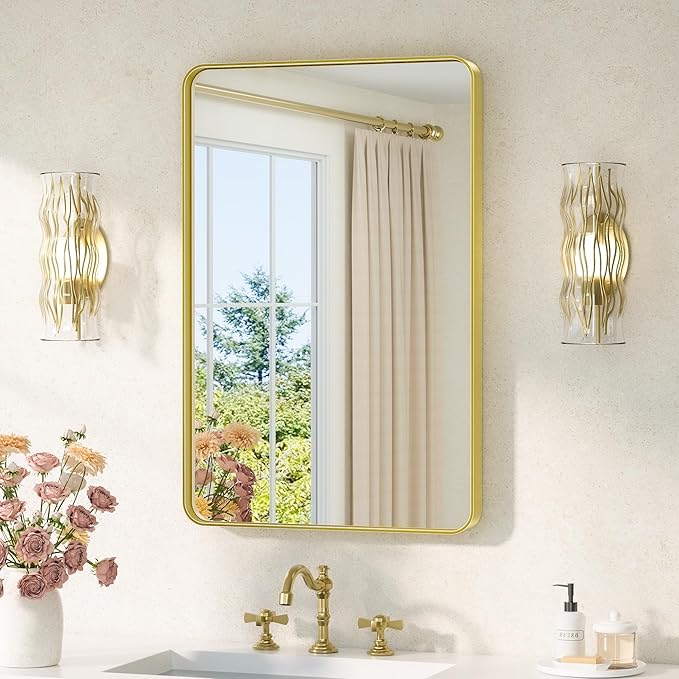 TETOTE Gold Vanity Mirror 20 x 30 Brushed Gold Metal Framed Vanity Mirror, Tempered Glass, Modern Farmhouse Wall Mounted Mirrors for Decorative(Horizontal/Vertical)