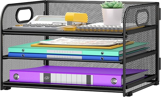 3 Tier Paper Organizer with Handle, Metal Desk Organizer Mesh Paper Letter Tray Desktop File Folder Document Sorter for Classroom, School, Office Accessories Organization and Storage - Black