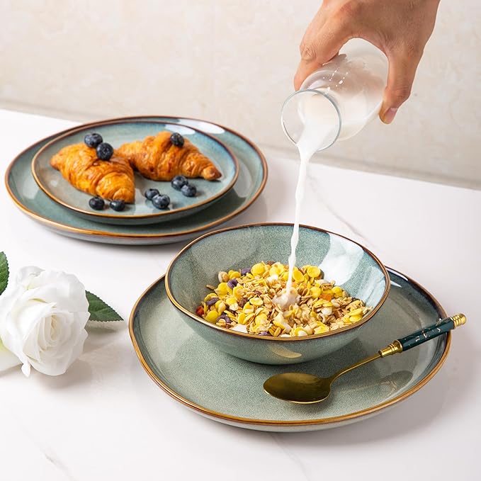 AmorArc Ceramic Dinnerware Sets,Handmade Reactive Glaze Stoneware Plates and Bowls Sets with Mugs,Highly Scratch Resistant | Dishwasher & Microwave Safe Dishes Set,Service for 4(16 Pcs)