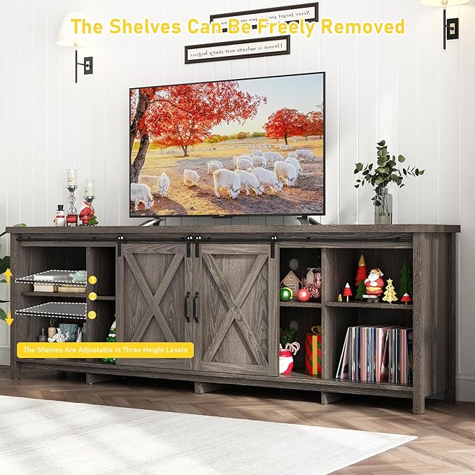 80 Inch Large Farmhouse TV Stands for 90 inch TV w/Adjustable Shelves
