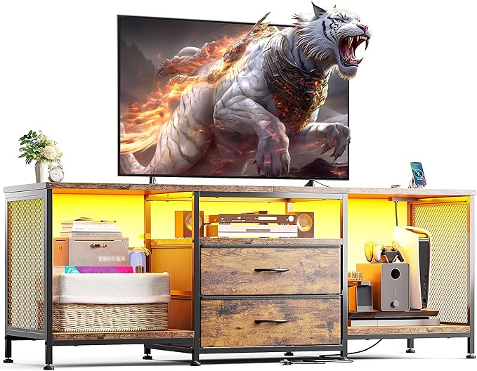 55" W TV Stand for Bedroom with LED Lights & Power Outlets Dresser TV Stand with 2 Drawers for 65" TV with Open Storage Shelves