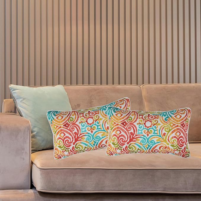 FUNHOME Set of 2 Patio Lumbar Pillows with Insert, 12”x20” Water-Repellent Outdoor Lumbar Pillow, Decorative Garden All Weather Lumbar Cushions for Patio Coach Sofa Use-Corinthian Dapple