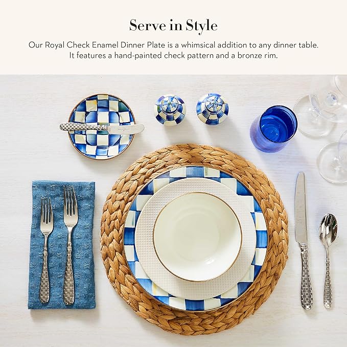 MACKENZIE-CHILDS Enamel Dinner Plate, Decorative Dinnerware Plate, 10 Inches, Set of 1, Blue-and-White Royal Check