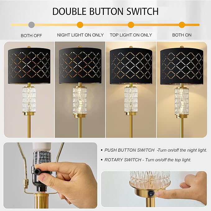 Oneach 63.75" Floor Lamp for Living Room, Modern Gold Lamp with LED Glass Night Light, Vintage Standing Lamp with Black Drum Lampshade, Unique Luxury Tall Lamp for Bedroom Home Office(Bulb Included)