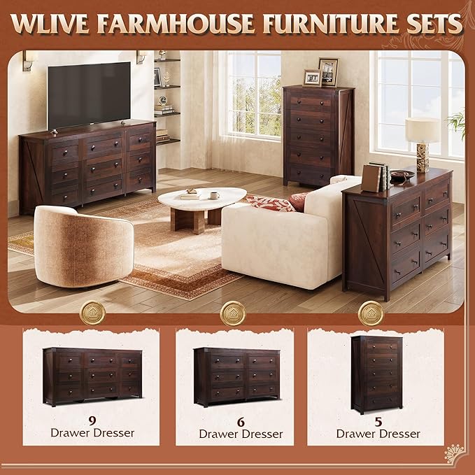 WLIVE Farmhouse 6 Drawer Dresser for Bedroom, 53.07'' Wide Wood Dresser, Storage Organizer with Double Rustic Handle, TV Stand for 60 inch TV, Chest of Drawers for Living Room, Hallway, Brown