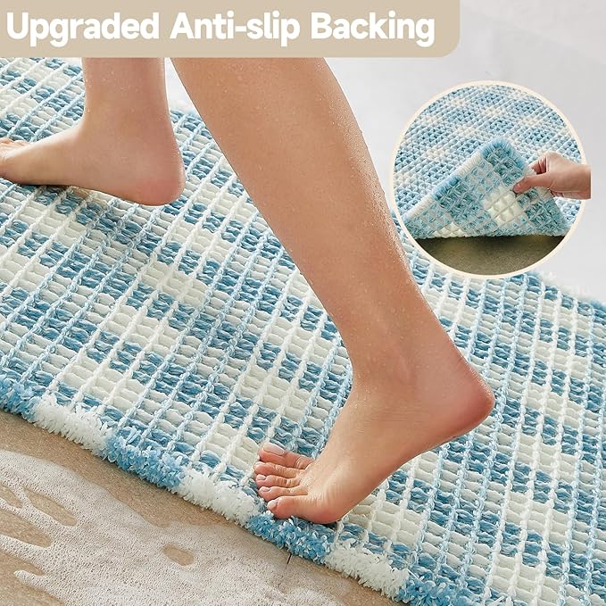 Waffle Runner Rug Bathroom, Long Boho Bathroom Rugs Non Slip Washable Absorbent Checkered Bathroom Mat Quick Dry Cute Bath Mat, 60"x24" Blue and White