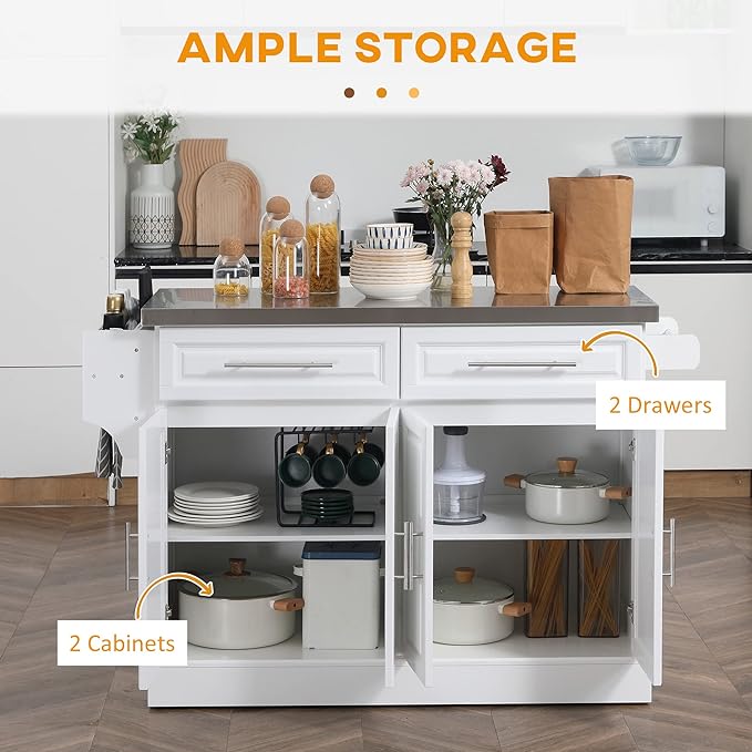 HOMCOM Rolling Kitchen Island Cart with Wheels, Portable Island Table for Kitchen with Stainless Steel Top, Adjustable Shelves, 2 Drawers, Spice, Knife and Towel Rack, White