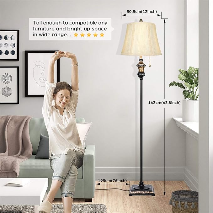 TOBUSA Traditional Floor Lamp, Classic Standing Lamp with Bronze Fabric Shade, Vintage Elegant Tall Pole Lamp for Living Room Bedroom Office Reading, Rustic Upright Floor Lights, Pull Chain Switch