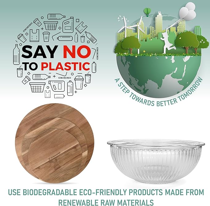 Set of 3 Stackable Space-Saving Nesting Glass Salad Bowls with Acacia Lids for Foodprep, Storage, Baking, Mixing & Cooking - Microwave Safe Durable Inert Borosilicate Glass