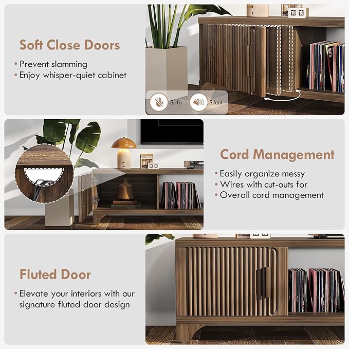 Mid Century Modern TV Stands for 55/60/65 Inch TV Boho Media Console for Living Room Fluted TV Entertainment Center with Storage Wood Television Cabinet for Bedroom