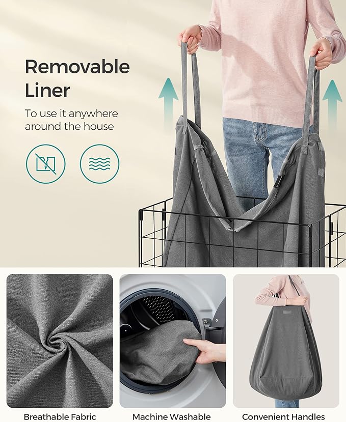 SONGMICS 29 Gal. (110L) Laundry Basket, Laundry Hamper, Collapsible Clothes Hamper, Removable and Washable Liner, Metal Wire Frame, for Bedroom Bathroom, Black and Gray ULCB111G01