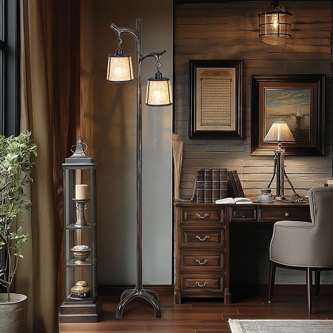 68" Farmhouse Floor Lamp with Mica Shade for Living Room,Modern Industrial Vintage Standing Floor Lamp for Bedroom,Stepless Dimmable Rustic Tree Trunk Tall Lamp for Office,Living Room (Bulb Included)