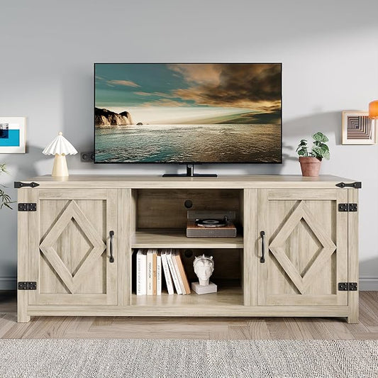 Modern Farmhouse TV Stand for Televisions up to 65’’, Entertainment Center with Storage Cabinets and Sliding Barn Doors, Media TV Consoles for Living Room, Bedroom, Gray Oak