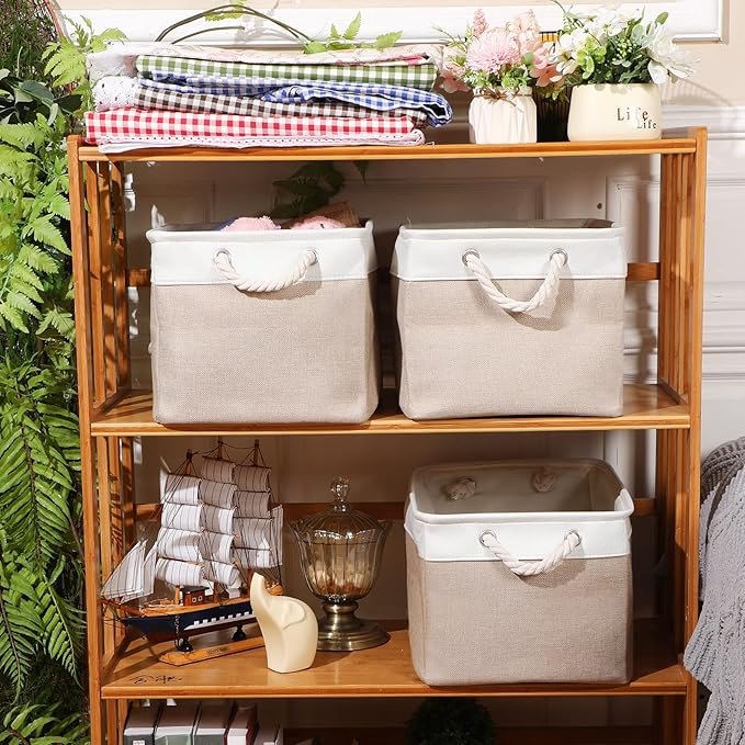 meekoo 8 Pack Collapsible Storage Bins Fabric Storage Bins Polyester Fabric Baskets with Handles Linen Closet Organizer for Shelf Home Closet Towels Toys(15 x 11 x 9.5 in,Beige)