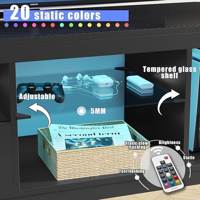 JUMMICO TV Stand, Entertainment Center LED Gaming TV Stand for 65+ Inch TV Carbon Fiber Top, Dynamic RGB Modes TV Cabinet Console with Adjustable Glass Shelves Storage Drawers (Black)