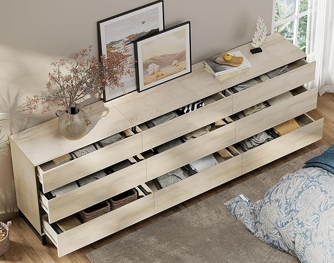 WAMPAT Dresser for Bedroom, Closet Organizers and Storage with 9 Drawers, Chest of Drawers with Metal Base, Wooden Modern Dresser for Living Room, Bedroom, Entryway, Light Oak