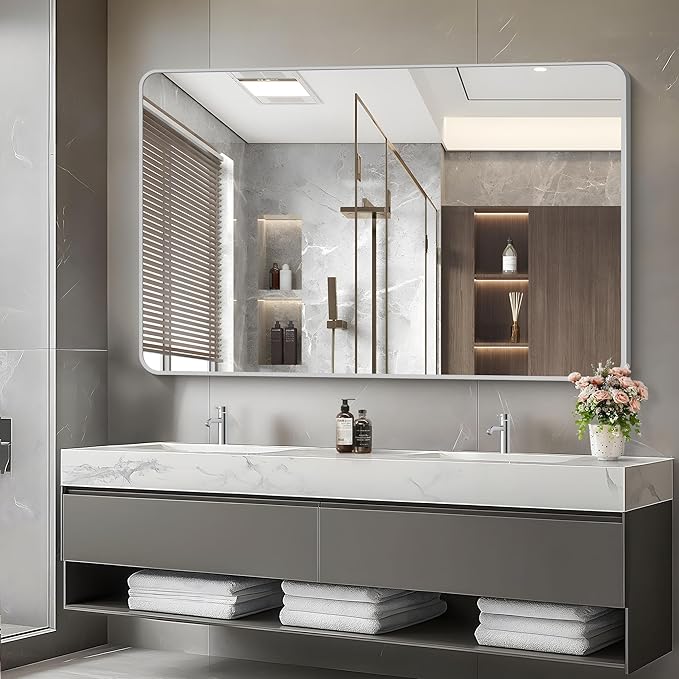 55x36 Inch Silver Bathroom Mirror, Large Rectangular Vanity Mirror, Metal Framed Rectangle Mirror, Rounded Corner Wall Mounted Mirrors for Living Room Bedroom Entryway Horizontal or Vertical