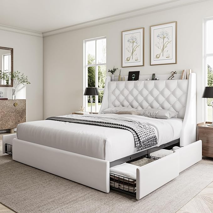 Queen Bed Frame with 4 Storage Drawers, Huge Upholstered Wingback Headboard, Fast Charging Station, No Box Spring Needed, Noise-Free, White