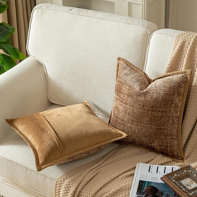 Yaertun Pack of 2 Chenille Textured Decorative Throw Pillow Covers Accent Solid Cushion Cover Soft Cozy Pillow Case with Velvet Back for Couch Sofa Bed Living Room 16x16 Inch Light Brown