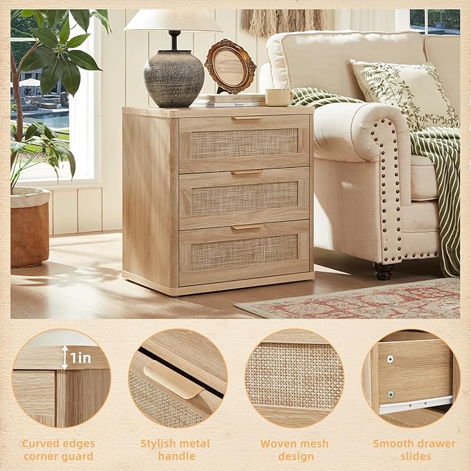 LEYAOYAO Rattan Night Stand with Drawers, 23" Large 3 Drawer Boho Nightstand, Natural Wood Bedside Table Storage Cabinet, Bed Side End Tables Dresser for Bedroom, Living Room, Hallway, Closet
