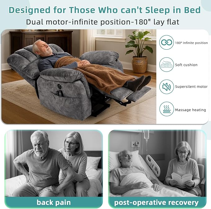 MEETWARM Large Dual Motor Power Lift Chair with Extended Footrest for Big Tall Elderly, Infinite Position Lay Flat Lift Electric Recliner, Heat Massage, Lumbar Pillow, USB & Type-C Ports, Plush Gray