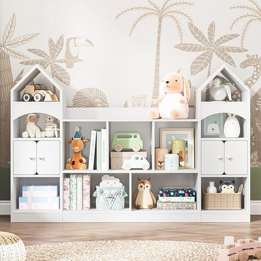 Castle Shape Children's Bookshelf, Kids Bookcase Display Case Kids Toy Storage Organizer Multifunctional Storage Cabinet Bookshelf Suitable for Playroom, Children's Room, Living Room, White
