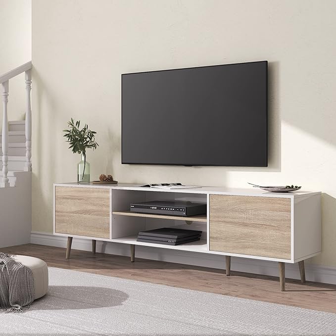 WAMPAT Mid Century Modern TV Stand for TVs up to 75 inches, Wood TV Console Media Cabinet with Storage, Entertainment Center for Living Room Bedroom, White and Oak, 70 inch
