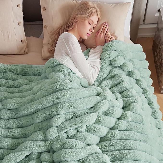 Faux Fur Throw Blanket for Couch, Cozy Warm Plush Striped Blanket for Sofa Bedroom Living Room, 50x60 Inches Sage Green