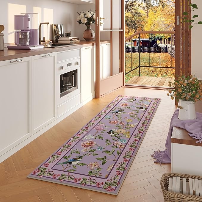 Runner Rug for Kitchen 2'6"x8' Washable Rugs with Rubber Backing Soft Floral Bird Magpies Floral Animal Carpet Runner for Kitchen, Laundry, Bedroom, Bathroom (Purple)