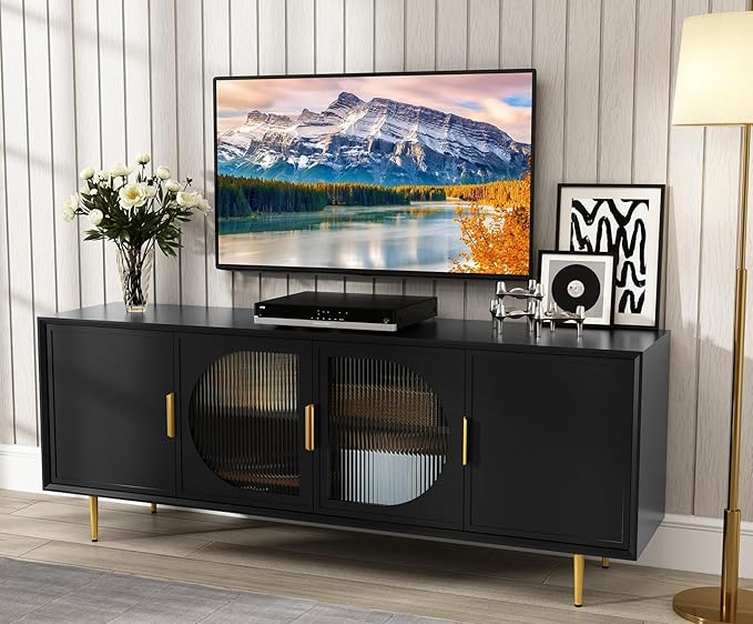 ARTPOWER Modern TV Stand for 70 inch TV, Black TV Console with 4 Glass Doors, Entertainment Center with Storage Cabinet, Wood Media Cabinet with Gold Leg, 65” TV Stands for Living Room
