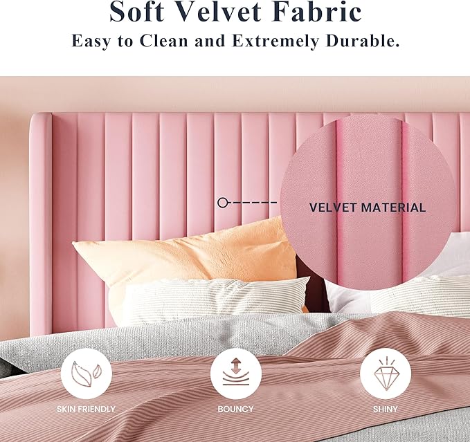 Allewie King Size Velvet Bed Frame/Vertical Channel Tufted Wingback Headboard/Upholstered Platform Bed/Strong Wooden Slats/No Box Spring Needed/Easy Assembly/Pink