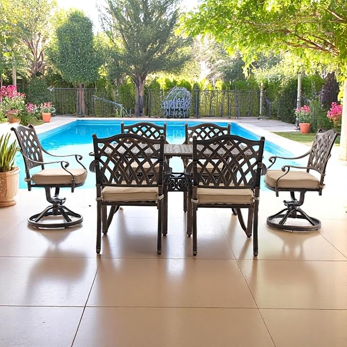 7 Piece Outdoor Dining Set Cast Aluminum, Retro Patio Dining Furniture Set for 6 Includes 59” Rectangular Table 2 Swivel Chairs with Thicker Cushions and Umbrella Hole for Patio Deck Garden
