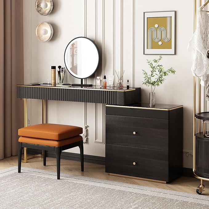 Lartis Makeup Vanity with Stool, Very Easy to Assemble,Retractable TV Cabinet Combination, Dressing Table Desk in one, Super Storage