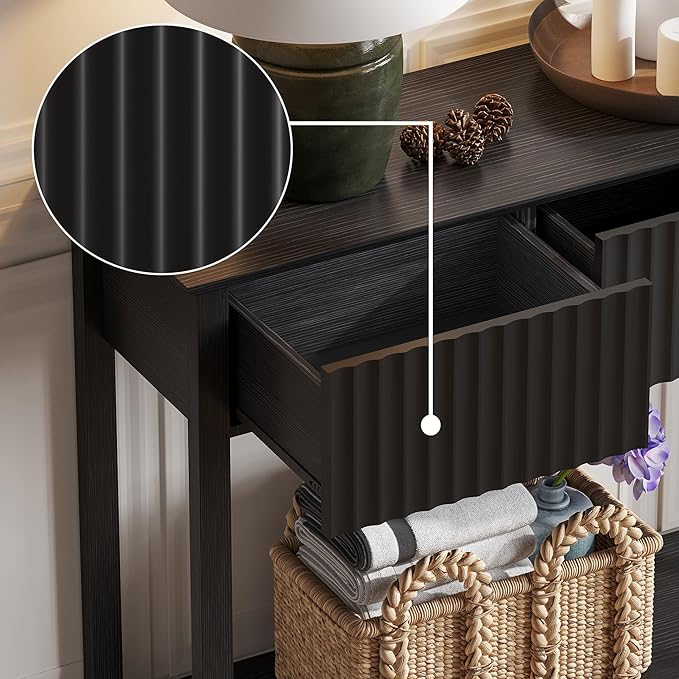 Treocho 47" Fluted Console Table with 3 Drawers, Narrow Long Entryway Table with Storage and Shelf, 2-Tier Sofa Table Behind Couch Accent Tables for Entrance Foyer, Hallway, Living Room, Black