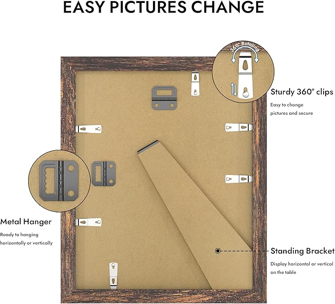 8x10 Picture Frame, Made of Real Glass and Wooden Frame, Horizontal and Vertical Display for Wall or Tabletop (Rustic Brown, 1 Pack)