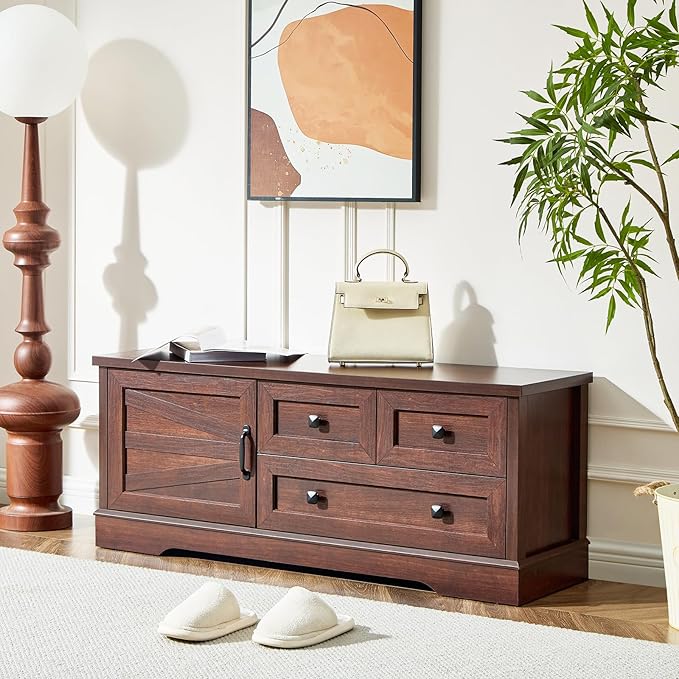 LIDYUK 3 Drawer Cherry Wood Dresser for Bedroom Farmhouse Dresser Chest of Drawers, 48" End of Bed Storage Bench Wide Chest of Drawers for Bedroom, Living Room