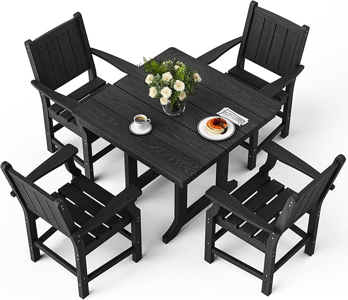 5-Piece HDPE Outdoor Dining Set, Wood-Like Design Outdoor Table and Chairs with Elegant Armrest, All-Weather Patio Table and Chairs Set with Umbrella Hole for Porch, Poolside, Black