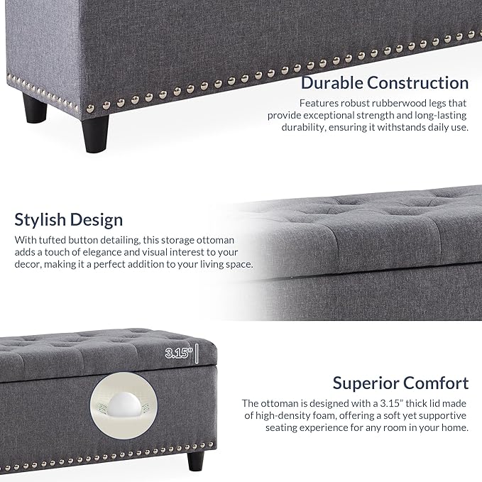 BELLEZE 47" Storage Ottoman, Storage Bench with Safety Close Hinge, Linen Button-Tufted Ottoman for Living Room, Entryway, Hallway, Foot Rest, Support 300lbs - Gray