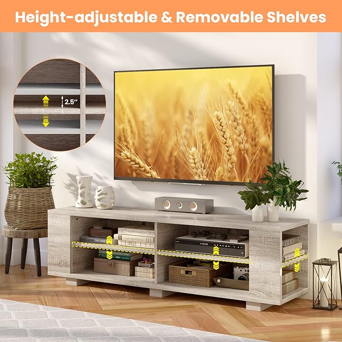 Giantex Modern TV Stand for TVs up to 65 Inch, Wood Entertainment Center w/ 8 Open Storage & Adjustable Shelves, Television Stands w/Cable Holes, TV Console Table for Living Room Bedroom (White Oak)