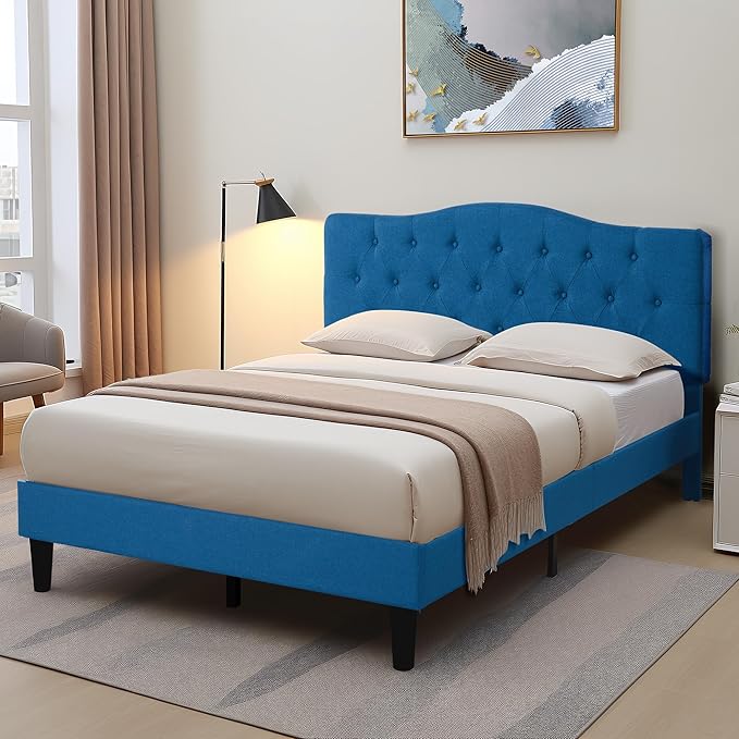 VECELO Queen Size Platform Bed Frame with Fabric Upholstered Headboard and Wooden Slats Support, No Box Spring Needed/Easy Assembly,Blue