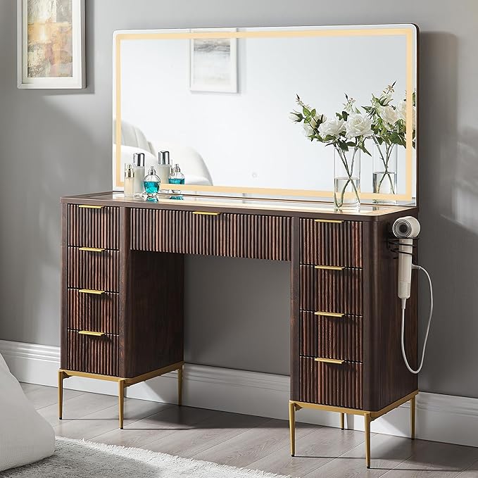 T4TREAM 48" Fluted Makeup Vanity Desk with 48" Large Mirror and HD Lights, Modern Vanity Table with 9 Drawers & Charging Station, Glass Top and Golden Handles Dressing Table for Bedroom,Dark Walnut
