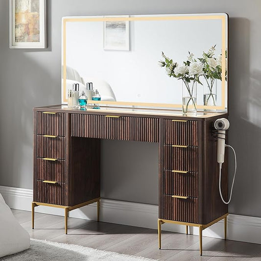 T4TREAM 48" Fluted Makeup Vanity Desk with 48" Large Mirror and HD Lights, Modern Vanity Table with 9 Drawers & Charging Station, Glass Top and Golden Handles Dressing Table for Bedroom,Dark Walnut