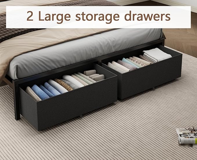 Furnulem Queen Bed Frame with Storage, Upholstered Bed Frame Queen Size with LED Light,USB Charging Station,Platform Bedframe with 2 Fabric Underbed Storage Drawers,No Spring Box Needed,Noise Free