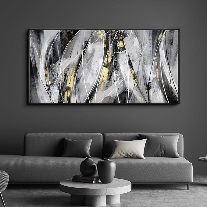 KLAKLA Abstract Frame Wall Art - Black and White Picture for Living Room Black and Gold Framed Artwork Canvas Art Work for Office Home Decor Bedroom Wall Decoration - 48x24 Inches