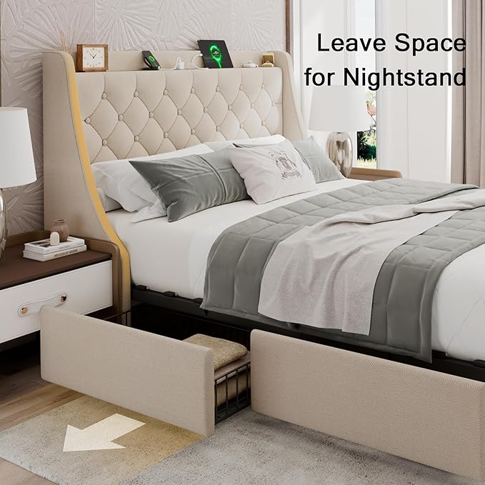 Upholstered Full Size Bed Frame with 4 Storage Drawers, Platform Bed with Wingback Headboard, Charging Station, No Box Spring Needed, Beige