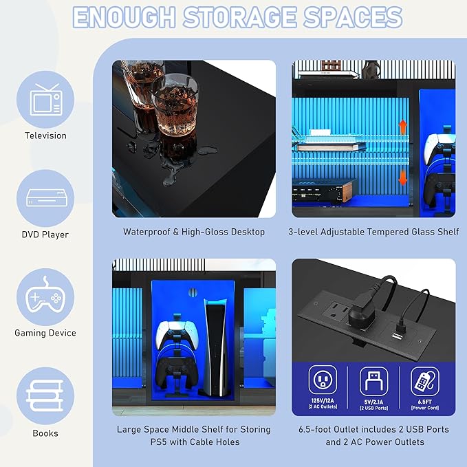 Vinctik 6&Fox 71inch Large High Gloss LED TV Stands w/Power Outlet,60,000-Colors Lighting for 70 75 80inch TV,Modern Black LED Entertainment Center w/Adjustable Glass Shelves for Living Room Gameroom