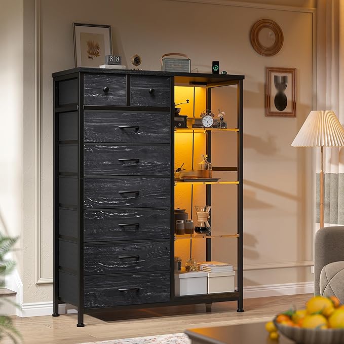 EnHomee Dresser for Bedroom with LED Lights & Power Outlets Tall Dresser with 8 Drawers Fabric Dressers & Chests of Drawers for Bedroom, Closet, Sturdy Metal Frame, Acrylic Plates (Charcoal Black)