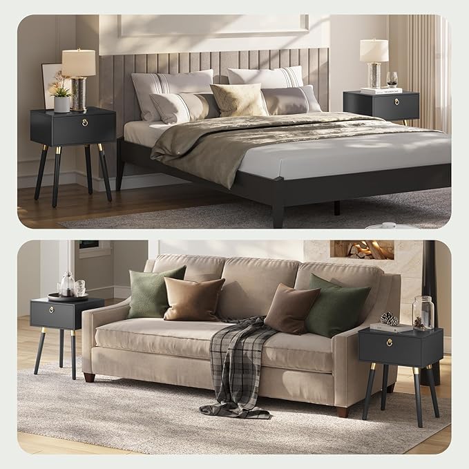 Bme Alden Wood Nightstand, Solid Wood End Table, Mid Century Modern Nightstand, Side Table with 1 Drawer, Compact for Bedroom, Living Room & Study Room, Easy Assembly, Black