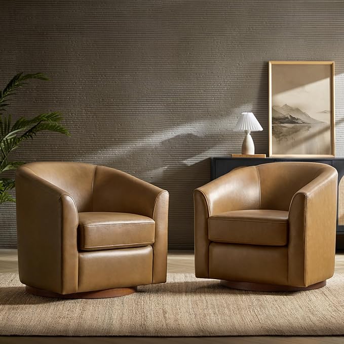 HULALA HOME Genuine Leather Swivel Accent Chairs Set of 2 with Solid Wood Base, Round Swivel Barrel Chairs for Living Room and Bedroom, Camel