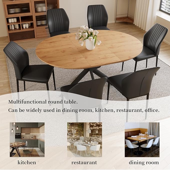 43.2"-59.1" Extendable Round Dining Table Set, Wooden Round Table for 4-6 Person, Oak Coffee Table w/Scratch-Resistant Tabletop